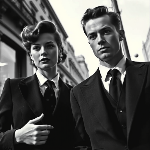 Black-and-white photograph, couple, tailored suits, retro hairstyles, film noir style, Tilt the camera for a dynamic Dutch angle using a versatile 24-70mm lens