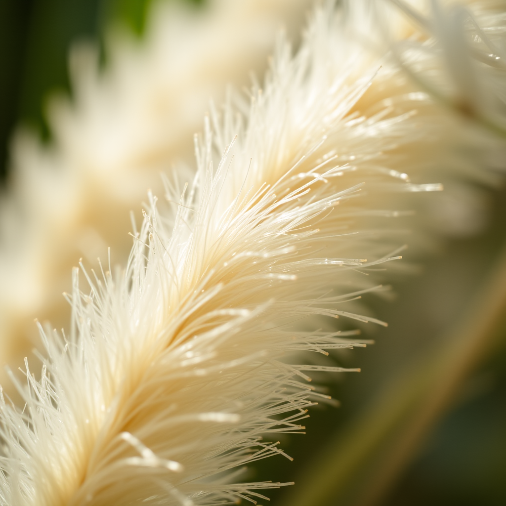 close-up shot of soft, textured plant fibers, natural light, shallow depth of field, DSLR camera, f/2.8 aperture, ISO 100, 50mm lens, focus on foreground for enhanced detail