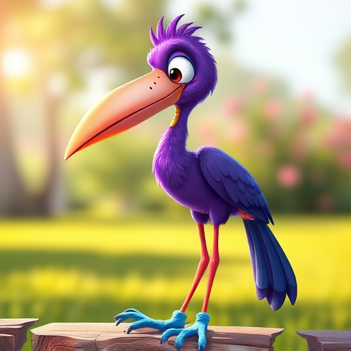 Create an illustration of a cartoon purple bird with a long neck and exaggerated features, wearing blue shoes, in a bright and colorful style, using a digital art format with high resolution, a 50mm lens, f/2.8 aperture, in a vibrant outdoor setting with soft natural lighting.