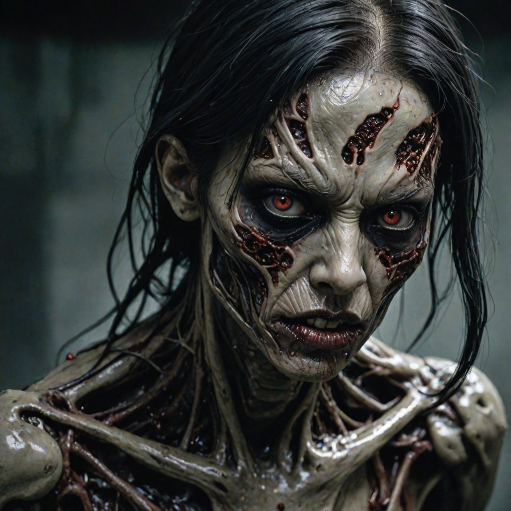 (perspective) of A creepy (ethnicity) zombie cyborg with (descriptive color) skin, (color) lipstick (color) liquid flowing from her eyes and mouth, (perspective two) portrait, (camera angle), extremely detailed, (art style) in the style of Yoshitaka Amano and Tetsuo Hara. --ar 85:128 --style raw --niji 6