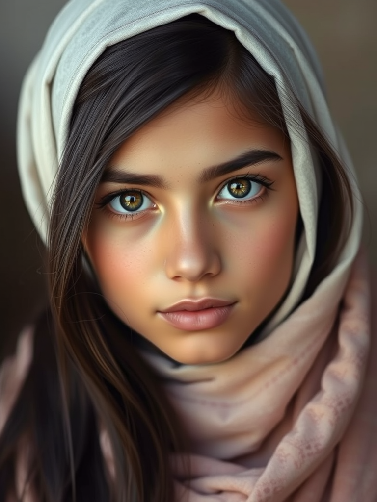 Create a portrait of a young Chaldean female with long, dark hair and captivating hazel eyes. She is wearing a white headscarf and a matching scarf draped gracefully around her neck. The background is softly blurred, focusing attention on her serene and natural expression. The overall color palette is muted and warm, enhancing the intimate and authentic feel of the portrait.