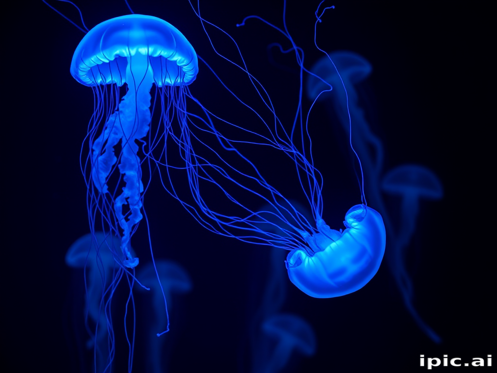 Bioluminescent jellyfish tendrils glow with an otherworldly blue light, floating gracefully in a weightless underwater style, mesmerizing all who gaze upon them