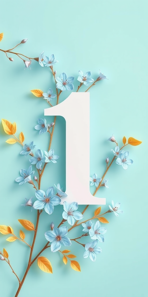 Create a high-resolution digital illustration of the number 1 surrounded by light blue flowers and delicate golden leaves on a soft turquoise background, using a Canon EOS R5, 50mm lens, f/1.8 aperture, and natural soft lighting for enhanced clarity and detail.