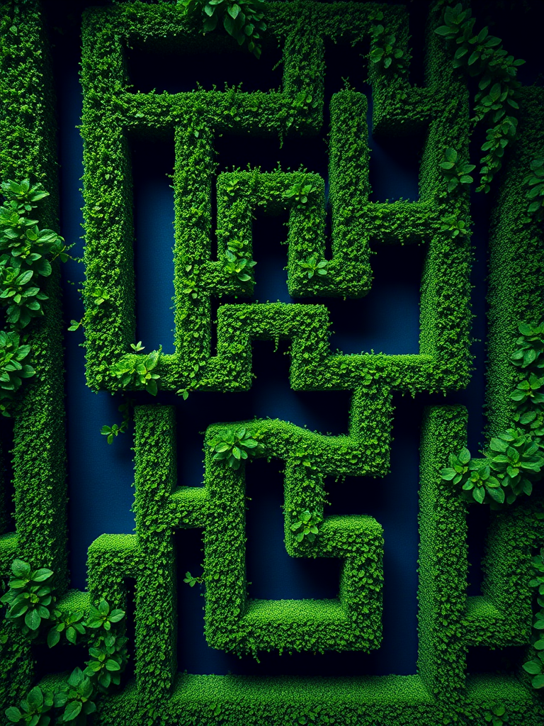 Create a vibrant, intricate maze composed of lush green pathways on a dark blue background, captured with a DSLR camera at f/8 aperture, ISO 100, 1/250 second shutter speed, top-down view, macro lens for enhanced detail and clarity.