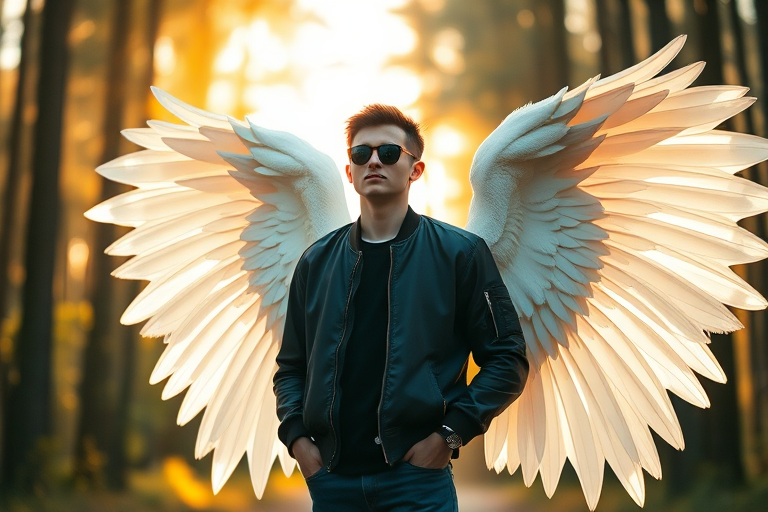 young man in a black bomber jacket and sunglasses with large white angel wings standing in a forest with golden light behind him, shot with a Canon EOS R5, 50mm lens, f/1.8, ISO 200, 1/250 sec, soft focus background, high dynamic range