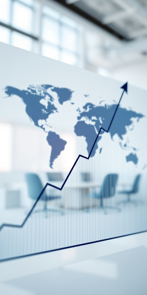 Create a professional business graphic depicting a rising line graph with a world map background, sharp focus, shot with a DSLR camera at f/2.8, ISO 100, 1/200 sec, wide-angle lens, with a bright and modern office environment in soft focus for depth.
