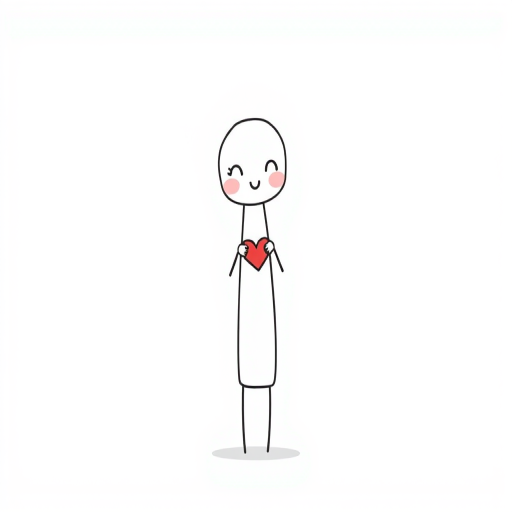 Create a simple cartoon character with a long body and a rounded head. The character should have blushing cheeks and be holding a heart shape with its hands. The style should be minimalistic with clean lines and a playful expression. Use a white background for a cheerful look.