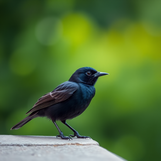 blackbird perched on a ledge with a blurred green background, captured with a Canon EOS R5, 85mm lens, aperture f/2.8, shutter speed 1/250s, ISO 400, natural light, shallow depth of field, vibrant colors