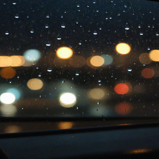 Sharp, detailed close-up of a raindrop rolling down a car window, soft reflections of city lights visible in the background, the sound of raindrops tapping against the glass, and a feeling of quiet contemplation.