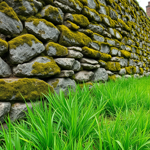 create a high-resolution image of an old moss-covered stone wall with lush green grass in front, taken from a low angle, using a DSLR camera at f/2.8, ISO 100, shutter speed 1/125s, showcasing detailed texture and vibrant colors