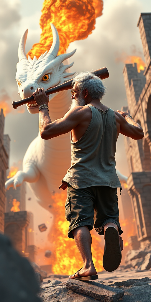 Cartoon 3D High-Resolution,dynamic battle scene using Unreal Engine 5 and Octane Render. The scene features back of an elderly, thai man with a beard,messy hair and round golden-rimmed glasses. He is wearing a tattered tank top with soot marks, shorts, and sandals. sweating. he wields a baseball bat. He jump to fight with a white fire-breathing Europe dragon amidst a partially destroyed stone castle. Include intense flames, smoke, and debris to enhance the dramatic effect.