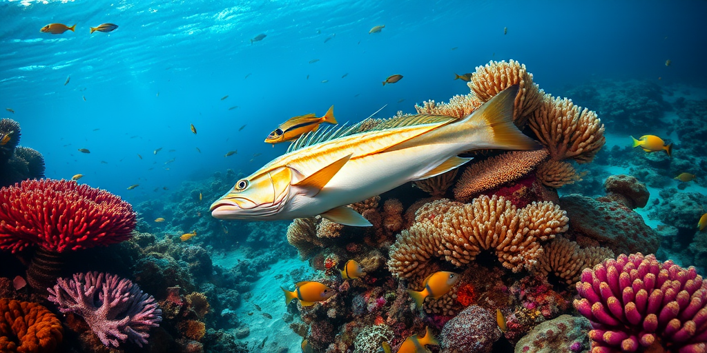 Underwater scene featuring a barracuda swimming among colorful coral and various fish, taken with a Canon EOS R5 at f/8, 1/125 sec, ISO 400, wide-angle lens, captured from a low angle with natural light filtering through the water.
