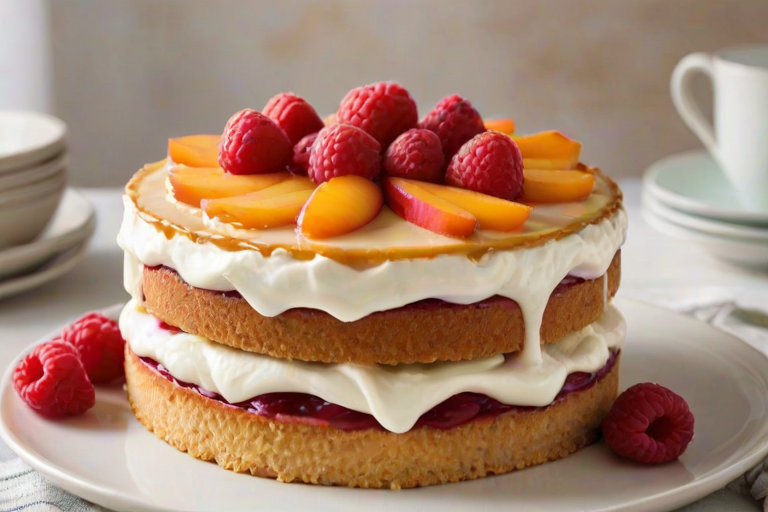 Create an image of a delicious cake with layers of creamy filling, topped with fresh raspberries and slices of peach. The cake should have a graham cracker crust and a vibrant berry sauce drizzling down the sides. The setting should be a cozy kitchen with soft natural light.