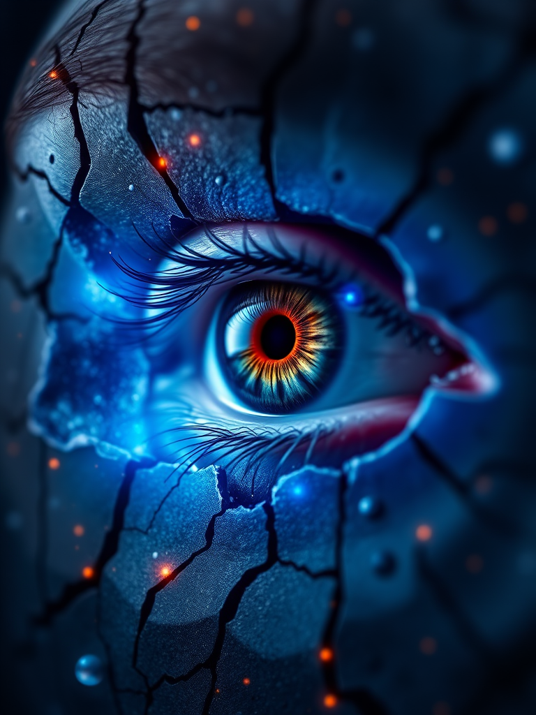 Create an image of a realistic human eye surrounded by a cosmic, cracked texture, using a Canon EOS 5D Mark IV, 85mm lens, f/1.8 aperture, ISO 100, and a shallow depth of field to enhance detail and vibrancy.