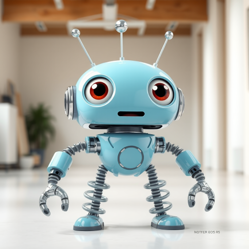 Create a digital illustration of a cartoon robot with a glossy light blue body, large expressive eyes, flexible rubbery gray springs for legs, and metallic arms, captured with a Canon EOS R5, 50mm lens, f/2.8 aperture, ISO 100, in a bright and airy studio environment with soft lighting to enhance details and colors.