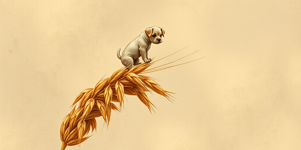 Soft, muted Alcohol Ink with ebru effect background image of tiny whimsical dog, who climbed high on the top of a golden rye ear.