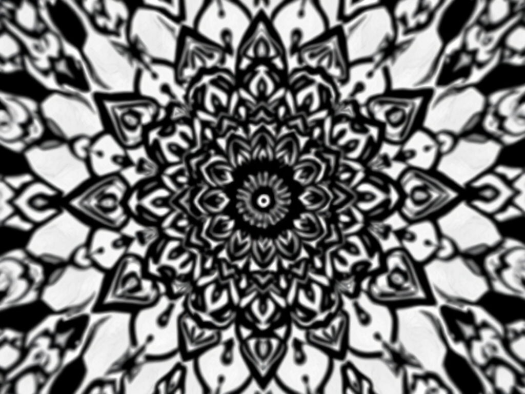 create a black and white mandala with intricate floral patterns and geometric designs, shot using a macro lens at f/8 aperture, 1/125 sec shutter speed, ISO 100, top-down view, digital art style