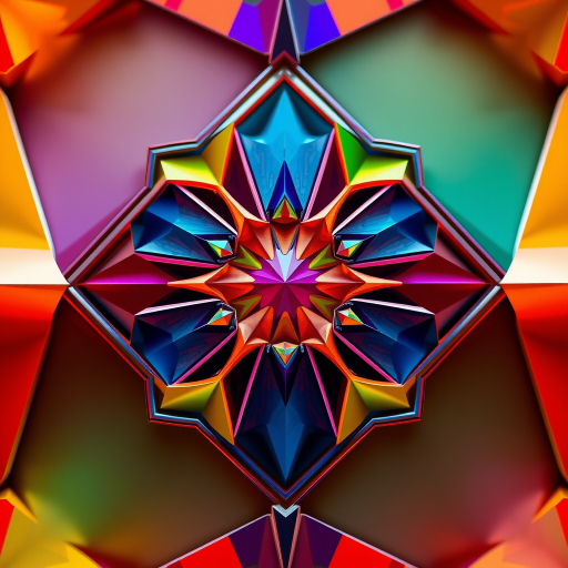 Generate an image of an abstract design featuring geometric shapes and vibrant colors, using a Canon EOS R5 with a 50mm lens, aperture f/1.8, ISO 200, 1/125s shutter speed, in a close-up view for enhanced detail and clarity.