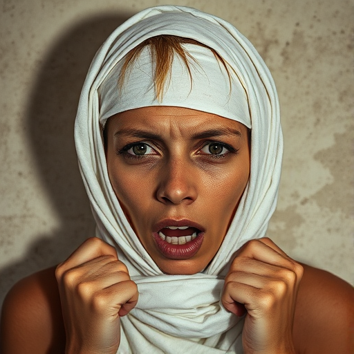 Create a close-up photographic image of a Zulu woman with light skin tones shown against an old, worn wall. Their head is wrapped in a white cloth covering (i.e.... parts of the head except the nose and mouth, which are open as if they are screaming...), with a slight texture and visible folds in the fabric. Thin strands of blonde hair escape from the wrapping above, falling lightly at the top and sides. Their hands hold the fabric as if they are tugging nervously. The lighting is dramatic and even, casting strong shadows. The image has a minimalist and surreal style with an emphasis on simplicity with soft color tones. The composition is centered.