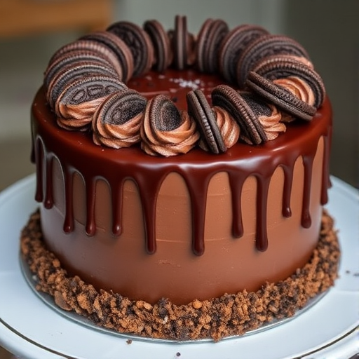 A delicious chocolate cake decorated with Oreo cookies and chocolate ganache drizzles on top, featuring swirls of chocolate frosting and a crumbly cookie crust around the base.