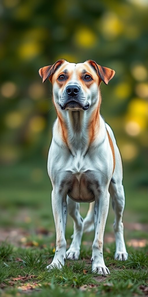 Generate a detailed sketch of a standing dog in a natural outdoor setting, using a DSLR camera with a focal length of 50mm, aperture set to f/2.8, ISO 200, and a shallow depth of field to emphasize the dog's features while blurring the background for enhanced quality.