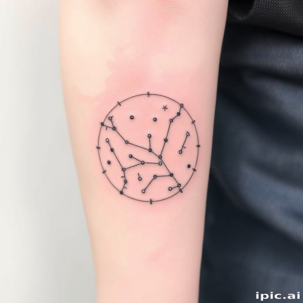 Stick and poke tattoo featuring a constellation map with delicate dot work and minimalist line art, creating a celestial scene on the skin, named "Starry Cartography"