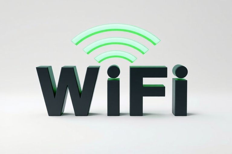 Create a 3D rendering of the word WiFi with green signal waves above it, using a Canon EOS R5 camera, 50mm lens, f/2.8 aperture, ISO 100, 1/200s shutter speed, shot in a bright studio setting with softbox lighting for even illumination.