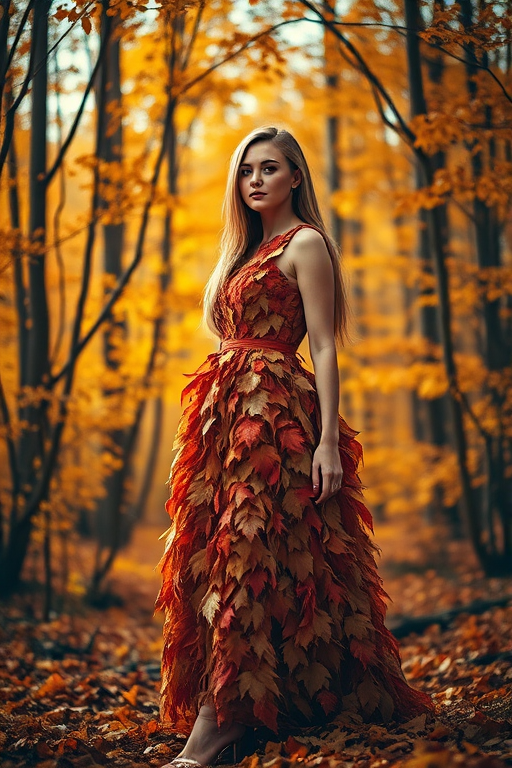 Create an ethereal portrait of a woman in a dress made of autumn leaves, standing in a vibrant forest filled with golden foliage, use a Canon EOS R5, 50mm lens, aperture f/1.8, shutter speed 1/200s, ISO 100, with soft natural lighting and a shallow depth of field for a dreamy effect.