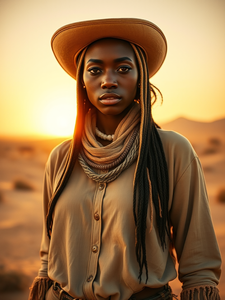 Dramatic photo of a beautiful Nubian woman, classic cowboy attire, confident and free spirit expression, half-length portrait, centered, golden hour desert landscape, warm, diffused light, low angle, medium format film camera, in style of Annie Leibovitz.