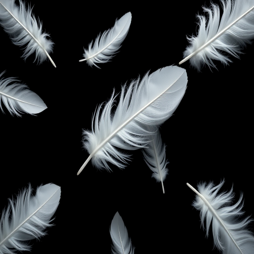 Create an image of white feathers floating on a black background with a Canon EOS R5 camera, using a 50mm lens, f/2.8 aperture, shutter speed of 1/200s, ISO 100, top-down view, in high dynamic range style.