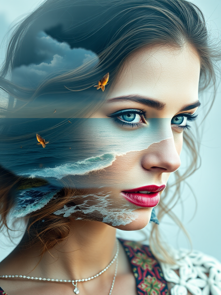 this photo is Book cover, A surreal double exposure portrait that blends a woman's face with a beautiful seascape. The overall mood is dreamy and mystical, with rich colors and intricate details