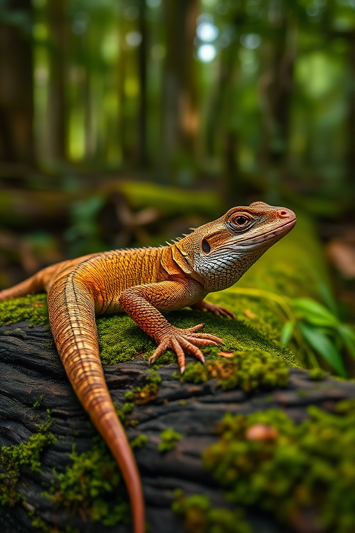 a highly detailed close-up of a textured lizard resting on a mossy log in a lush forest, with soft natural lighting, aperture f/2.8, shutter speed 1/200s, ISO 100, 50mm lens, macro photography style, DSLR camera type