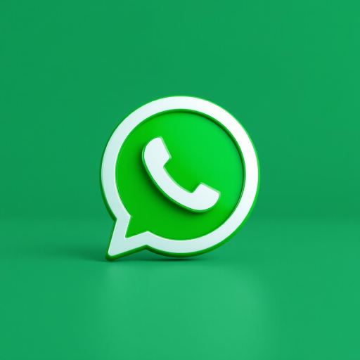 3D rendering of a shiny green WhatsApp logo on a soft green background, 85mm lens, f/2.8 aperture, ISO 100, studio lighting, shallow depth of field, high-resolution photography.