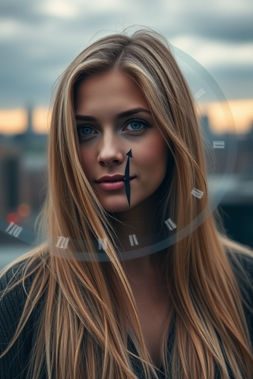 Regenerate an image of a woman with long blonde hair and a clock overlay, set against a blurred city skyline, using a Canon EOS R5 with a 50mm lens, aperture f/1.8, ISO 100, at a 1/200 second exposure, with a soft focus and cinematic style.