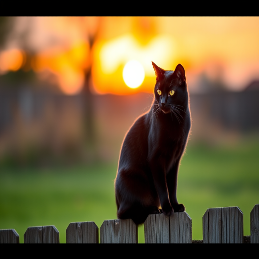 Generate a high-quality image of a sleek black cat sitting gracefully on a wooden fence during sunset, using a Canon EOS 5D Mark IV with an aperture of f/2.8, shutter speed of 1/500s, ISO 400, with a focus on a shallow depth of field to create a bokeh effect in the background.