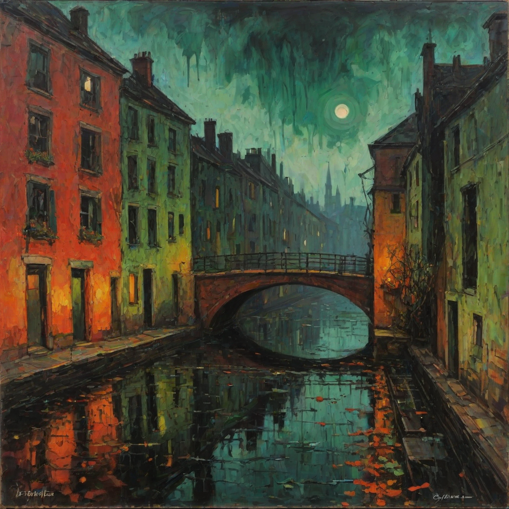Misty Night, october. Half the frame is occupied by the wall of an old lonely towerhouse. Garlands of flowers hang from the windows. The rest of the frame is a view of the canal and bridge. Abstract expressionism, grunge impasto red orange, black, green intense oil colors on canvas. Jackson Pollock's, naive childish lines, microsplashes. Disturbing, depressive.