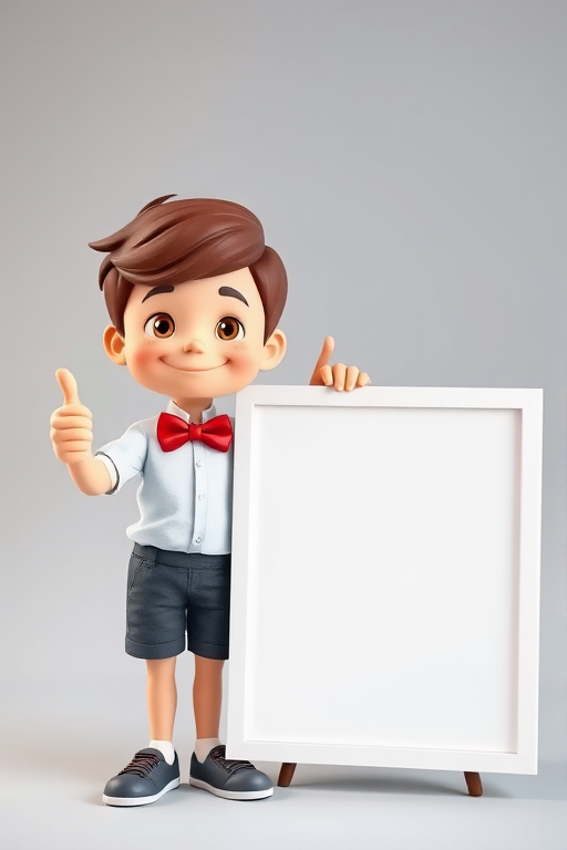 Create a cartoonish character of a boy with a thumbs up gesture, wearing a red bow tie, white shirt, and black shorts, next to a blank square sign, in high resolution with a 50mm lens, f/2.8 aperture, ISO 100, natural lighting, soft focus background.