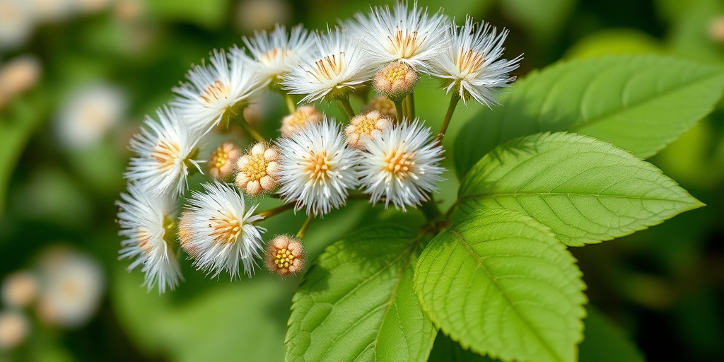 Generate a high-resolution image of a flowering plant with round, white fluffy flowers and large green leaves, using a macro lens, 50mm focal length, f/2.8 aperture, at a focus distance of 0.3m, in natural lighting, with a slightly blurred background for depth.