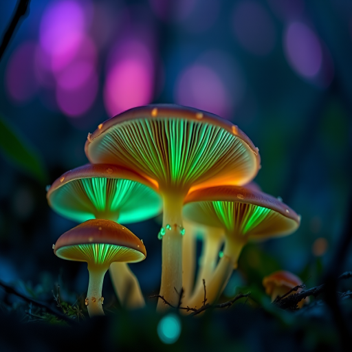 Regenerate a vibrant, illuminated close-up of bioluminescent mushrooms in a mystical forest setting with a shallow depth of field, using a DSLR camera at f/2.8, ISO 200, shutter speed 1/60s, macro lens, focusing on the intricate gills and glowing details against a blurred, ethereal bokeh background.