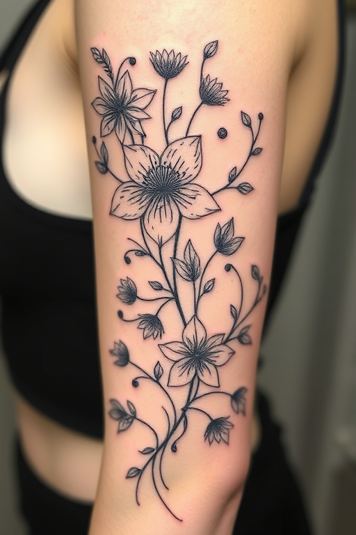 Fine line botanical tattoo, "Nature's Delicacy," featuring exquisitely detailed flowers, leaves, and vines rendered in ultra-thin black lines, capturing the intricate textures and patterns found in nature, perfect for a delicate arm or ribcage piece
