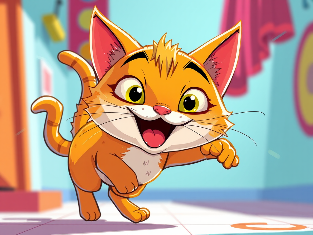 Create a vibrant cartoon-style illustration of a playful orange cat with exaggerated features, capturing dynamic movement and expressions, using a Canon EOS R5 camera at ISO 100, f/4 aperture, 50mm lens, shot in a bright and colorful setting.