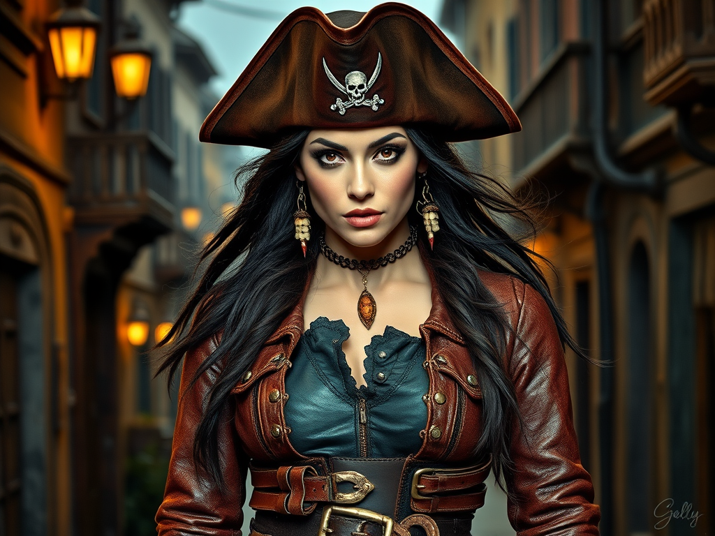 Create a portrait of a fierce female pirate. She wears a leather tricorn hat adorned with a skull and crossbones emblem, and her long, dark hair flows around her face. Her outfit consists of a richly detailed leather jacket, a corset, and multiple layers of belts and accessories, giving her a formidable and stylish appearance. She stands confidently in a dimly lit, historic port town, with a backdrop of weathered buildings and cobblestone streets, capturing the adventurous spirit of a pirate.