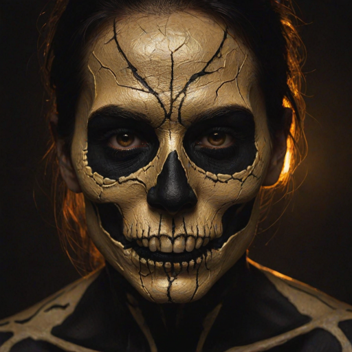 Create image featuring a close-up of a face painted like a skull. The skin is predominantly white with textured, cracked paint. The eye sockets are painted black, blending into the natural shadows of the eyes, creating a deep, hollow look. Bright, intense golden-yellow lights radiate from the eyes, casting a warm glow that contrasts with the cold, esoteric background. The nose is painted black in the shape of a spade. The mouth area features black lines extending from the corners, resembling a stitched effect. The face has sporadic black hair strands that frame it dramatically, adding to the eerie yet captivating feel. The background is blurred and dark, enhancing the focus on the face. Small, glowing orange embers are scattered sporadically across the image, contributing to the mysterious and magical atmosphere. The overall style is hyper-realistic with an emphasis on the contrast between light and dark elements, giving it an almost supernatural