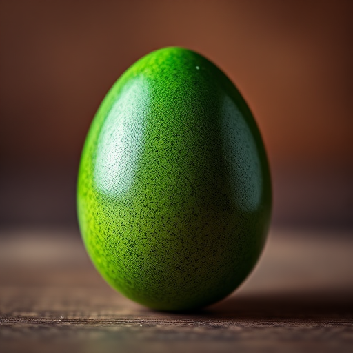 Create a highly detailed and textured green egg with a shiny surface against a blurred gradient background, 50mm lens, f/2.8 aperture, ISO 100, macro photography style, shot using a digital DSLR camera.