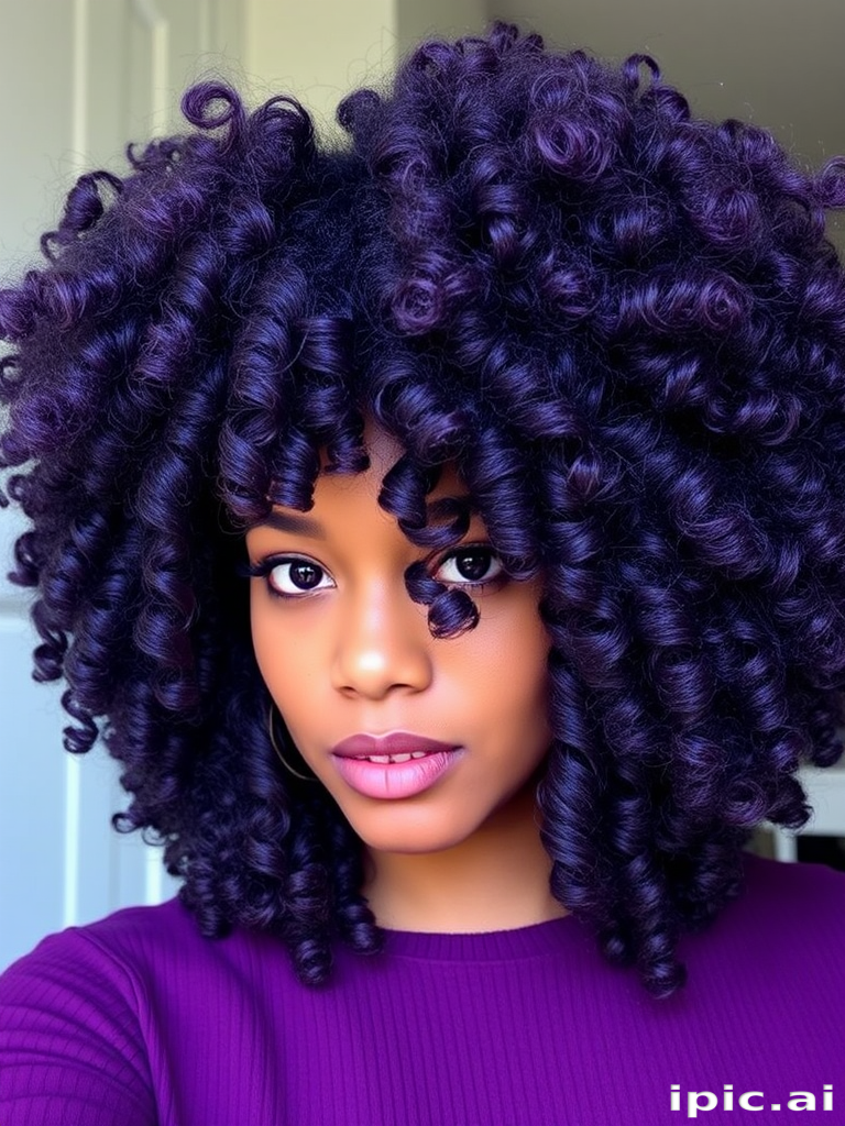 Voluminous curly afro dubbed "Midnight Majesty" showcases a rich array of deep purple hues interwoven with subtle silver strands, creating a regal and ethereal appearance