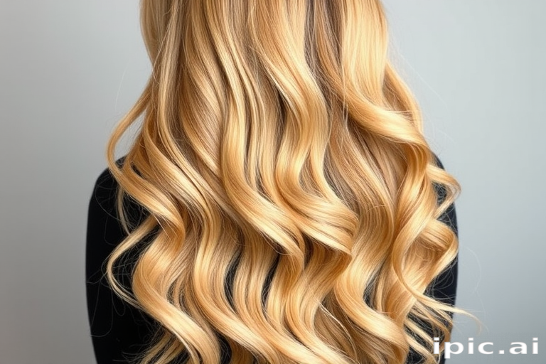 Radiant honey blonde mermaid waves, known as "Golden Cascade," flow gracefully down the back with subtle ombre effects and glossy shine