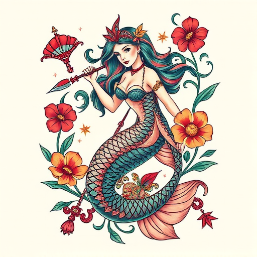 Neo-traditional mermaid tattoo with vivid colors and bold outlines, adorned with nautical elements and art deco-inspired ornamental details for a stunning vintage-inspired design
