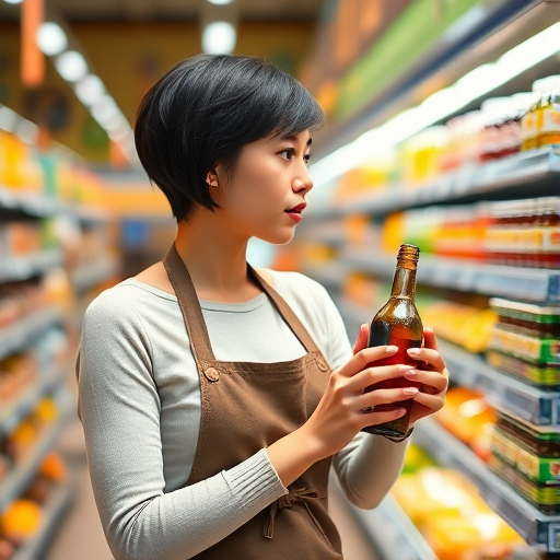 A young woman with short black hair wearing an apron in a grocery store, holding a bottle and looking at it thoughtfully, shot with a DSLR camera, 50mm lens, f/1.8, ISO 200, 1/100s, shallow depth of field, natural lighting.