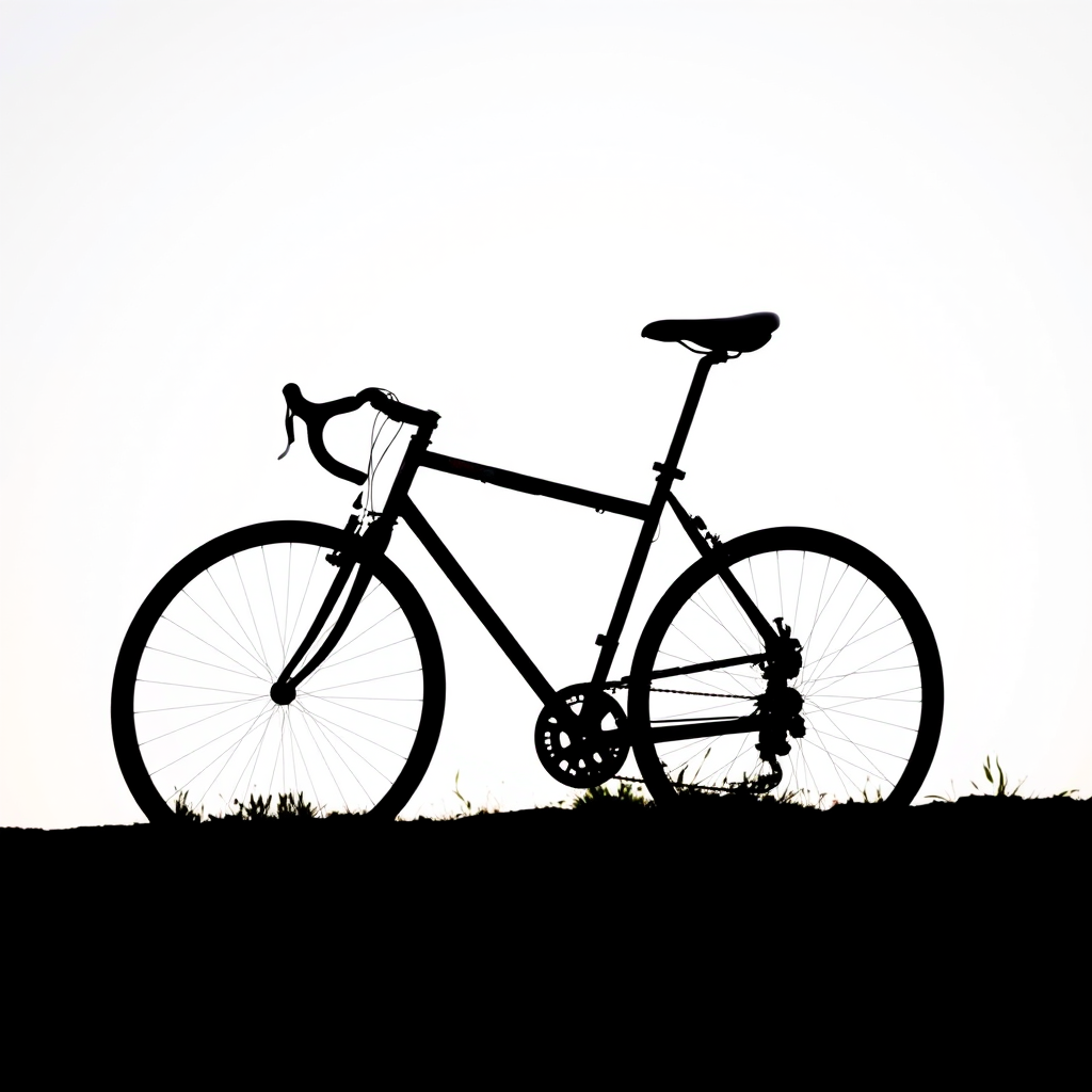 Create a detailed black silhouette of a bicycle in motion on a white background, captured using a DSLR camera with a 50mm lens, aperture set to f/1.8, ISO 100, and a shutter speed of 1/1000s for crisp clarity and dynamic composition.