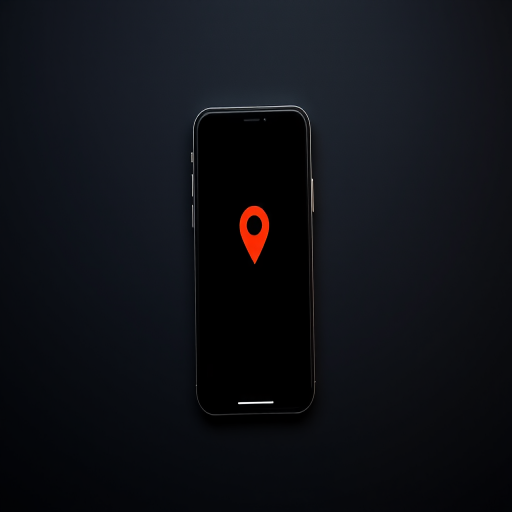 Create an image of a smartphone with a location pin on a dark background, using a DSLR camera, 50mm lens, aperture f/1.8, ISO 100, in landscape orientation with soft lighting.